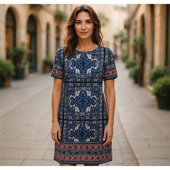 Westport 1962 Classy‎ Blue Print Shift Dress Size 16W 1X Spring Summer Plus Size - Picture 1 of 7